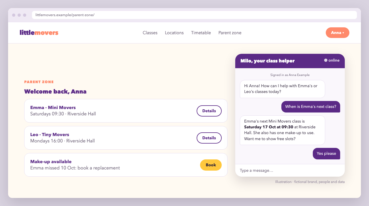 Parent zone with bookings and a website chatbot that greets the logged-in parent and answers about the next class