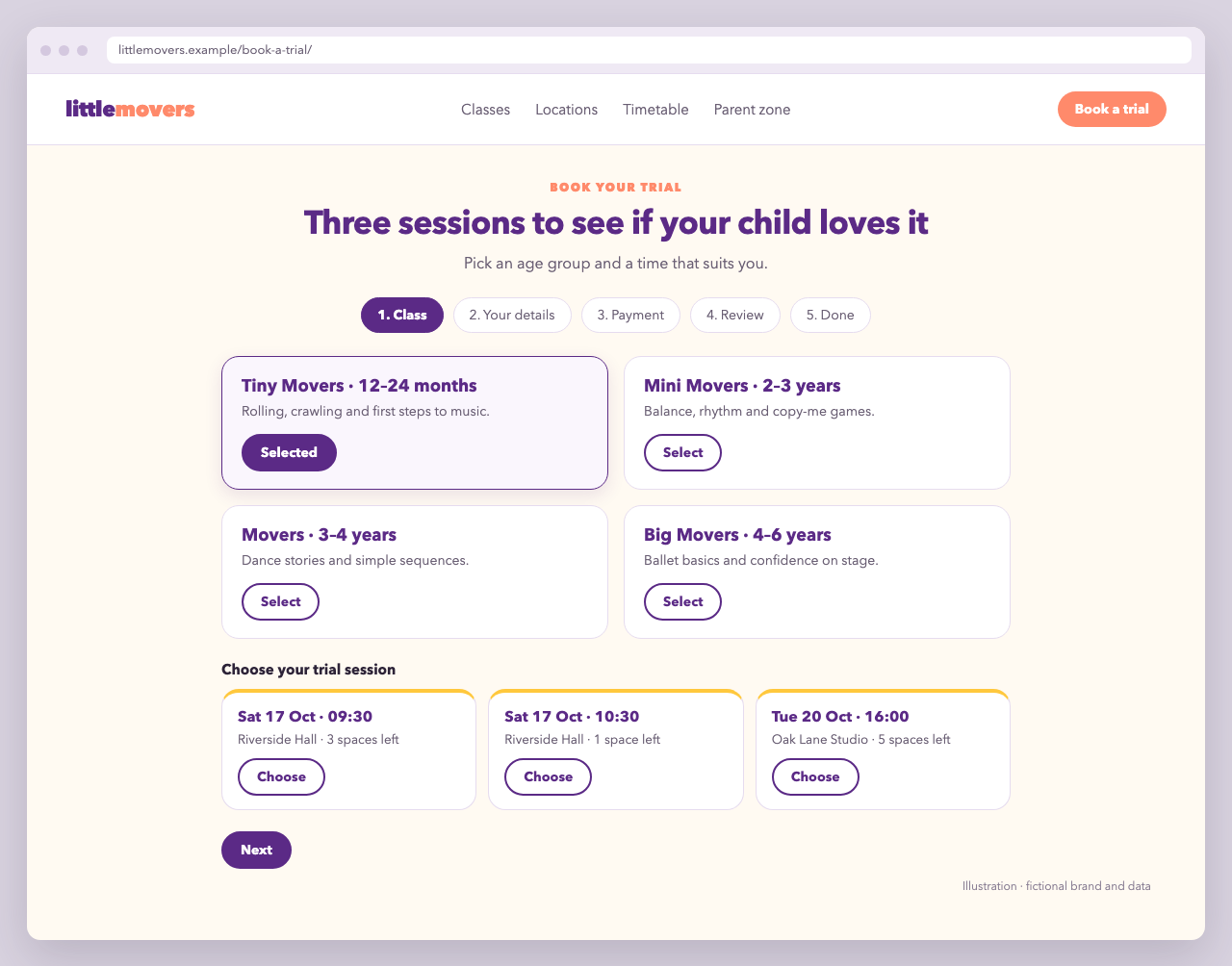 Multi-step trial booking form: step tabs, age-group tiles in two columns and trial session cards